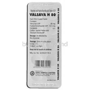Valsava H 80, Valsartan and Hydrochlorothiazide, 80 mg, Tablet, Strip description