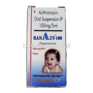 Ranazy-100, Generic Zithromax,  Azithromycin Oral Suspension, 100 mg  5 ml, 15 ml, Box