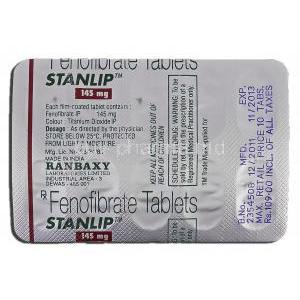 Stanlip, Generic  Tricor, Fenofibrate, 145 mg, Strip description