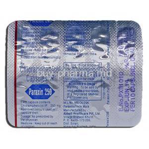 Paraxin 250, Generic Chloromycetin, Chloramphenicol, 250 mg, Strip description