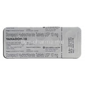 Vanadon-10, Generic Aricept, Donepezil Hydrochlorine, 10 mg, Strip description