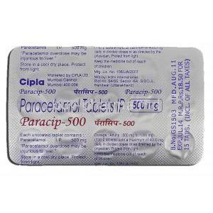 Paracip-500, Generic Acetaminophen, Paracetamol, 500 mg, Strip