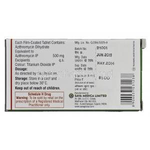 Savazee-500, Generic Zithromax, Azithromycin, 500 mg, Box description
