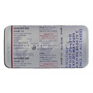Savazee-500, Generic Zithromax, Azithromycin, 500 mg, Strip description
