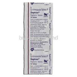 Septran, Trimethoprim, 20 mg, Sulphamethoxazole, 100 mg, Paediatric, Co-trimoxazole, Strip