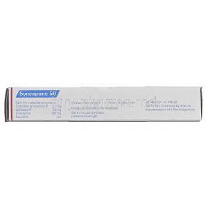 Syncapone 50, Generic Stalevo, Carbidopa, 12.5mg, Levodopa, 50mg, Entacapone, 200 mg, Box description