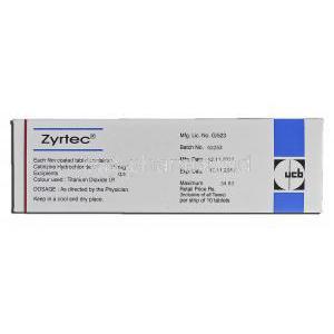 Zyrtec, Cetirizine Hydrochloride, 10 mg, Box description
