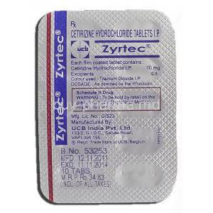 Zyrtec, Cetirizine Hydrochloride, 10 mg, Strip description