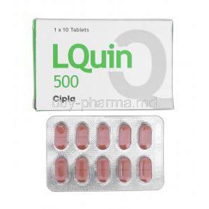 LQuin 500, Generic Levaquin or Tavanic, Levofloxacin, 500 mg, Box and Strip