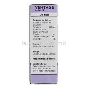 Ventage, Generic Ventolin, Salbutamol Pressurised Inhalation, 200 Metered Doses, Box description