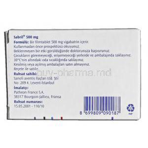 Sabril, Vigabatrin, 500 mg, Box description