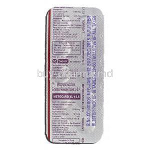 Metocard XL 12.5, Generic  Lopressor Toprol XL, Metoprolol Succinate Extended Release, 12.5 mg, Strip description