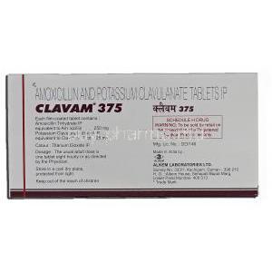 Clavam 375, Generic Augmentin, Amoxycillin, 250mg, Clavulanic Acid, 125mg, Box description