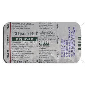 Feliz-10, Generic Celexa, Citalopram, 10 mg, Strip description