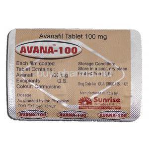 Avana-100, Avanafil, 100 mg, Strip description