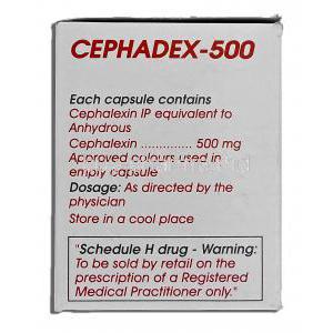 Cephadex-500, Generic Keflex, Cephalexin, 500mg, Box description