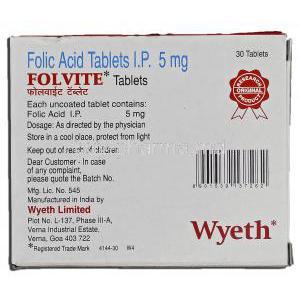 Folvite, Folic Acid, 5 mg, Box description
