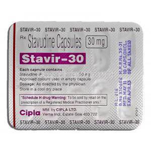 Stavir-30, Generic Zerit,  Stavudine, 30 mg, Strip description