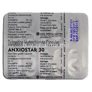Anxiostar 30, Generic Cymbalta, Duloxetine Hydrochloride, 30mg, Strip description
