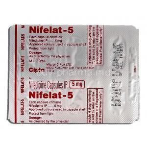 Nifelat-5, Generic Adalat, Nifedipine, 5mg, Strip description
