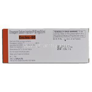 Enclex-60, Generic Lovenox, Enoxaparin Sodium, 60mg  0.6ml, Box description