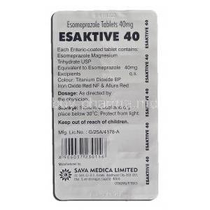 Esaktive 40, Generic Nexium, Esomeprazole 40mg Tablet Strip Information