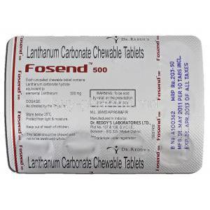 Fosend 500, Lanthanum Carbonate Chewable, 500mg, Strip Description