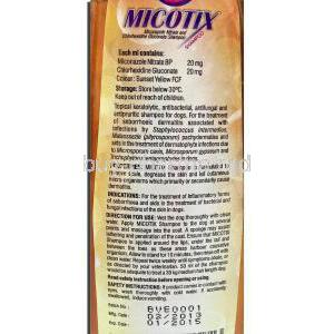 Micotix Shampoo, Malaseb, Chlorhexidine Gluconate and Miconazole nitrate, 250ml, Shampoo bottle description