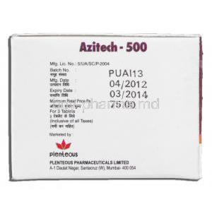 Azitech-500, Generic Zithromax, Azithromycin 500mg, Box Expiry