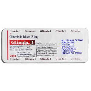 Glimda 1, Generic Amaryl, Glimepiride 1mg, Strip Description