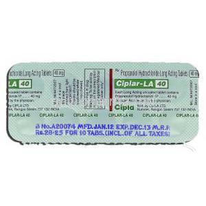 Ciplar-LA 40, Generic Inderal, Proparnolol Hydrochloride Long Acting 40mg, Strip description