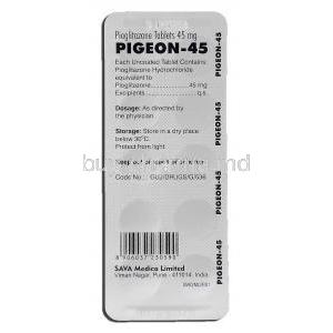 Pigeon 45, Generic Actos, Pioglitazone 45mg, Strip description