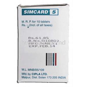 Simcard 5, Generic Zocor, Simvastatin 5mg Box Manufacturer Cipla