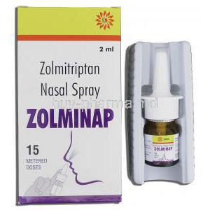 Zolminap Nasal Spray 2ml, Generic ZOMIG, Zolmitriptan 5mg, Box and Spray