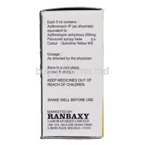 Ranazy 200, Generic Zithromax, Azithromycin Oral 200mg per 5ml Suspension, Box description