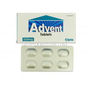 Advent, Generic Augmentin and Clavulin, Amoxycillin and Clavulanic Acid, 500 mg and 125 mg, Box and strip