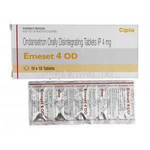 Emeset 4 OD, Generic Zofran, Ondansetron Orally Disintegrating 4mg, Box and Strip