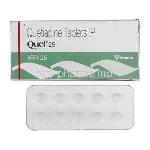 Quel-25, Generic Seroquel, Quetiapine, 25mg, Box and Strip