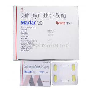 Maclar 250, Generic Biaxin or Klaricid, Clarithromycin, 250 mg, Box and Strip