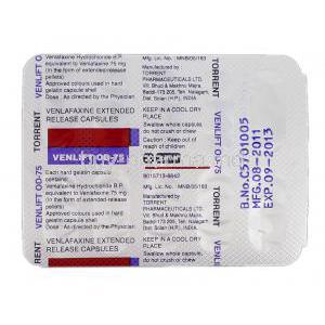 Venlift OD-75, Generic Effexor XR, Venlafaxine, 75 mg, Strip Description