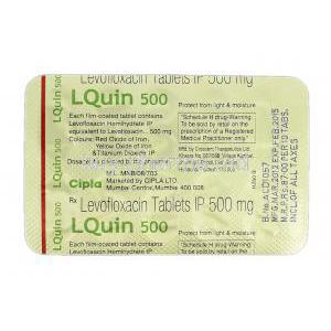 LQuin 500, Generic Levaquin or Tavanic, Levofloxacin, 500 mg, Strip Description