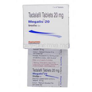 Megalis-20, Generic Cialis, Tadalafil, 20 mg, Box and Strip