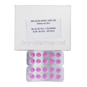 Dilzem, Generic Cardizem, Diltiazem, 60mg, Box and Strip