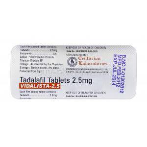 Vidalista-2.5, Generic Cialis, Tadalafil, 2.5 mg, Strip Description