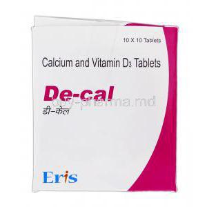 De-cal, Generic Calcimax, Calcium and Vitamin D3,  500 mg and 250 iu, Box