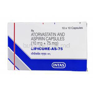 Lipicure-AS-75, Generic Lipitor ASP, Atorvastatin and Aspirin, 10 mg and 75 mg, Box