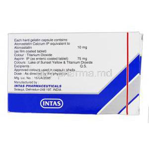 Lipicure-AS-75, Generic Lipitor ASP, Atorvastatin and Aspirin, 10 mg and 75 mg, Box Description