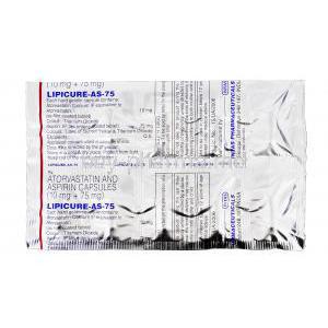 Lipicure-AS-75, Generic Lipitor ASP, Atorvastatin and Aspirin, 10 mg and 75 mg, Strip Description