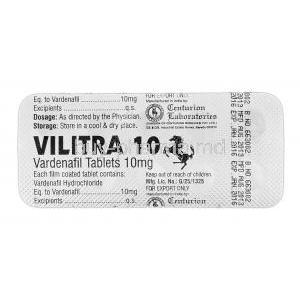 Vilitra 10, Generic Levitra, Vardenafil, 10 mg, Strip Description