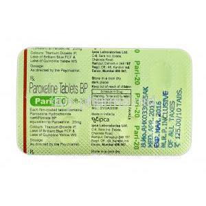 Pari 20, Generic Paxil, Paroxetine, 20 mg, Strip Description